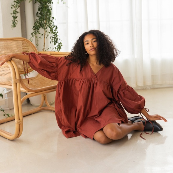 Gracemade Miriam Organic Cotton Knee Length Puff Sleeve Dress NWT Red Clay - Picture 3 of 6